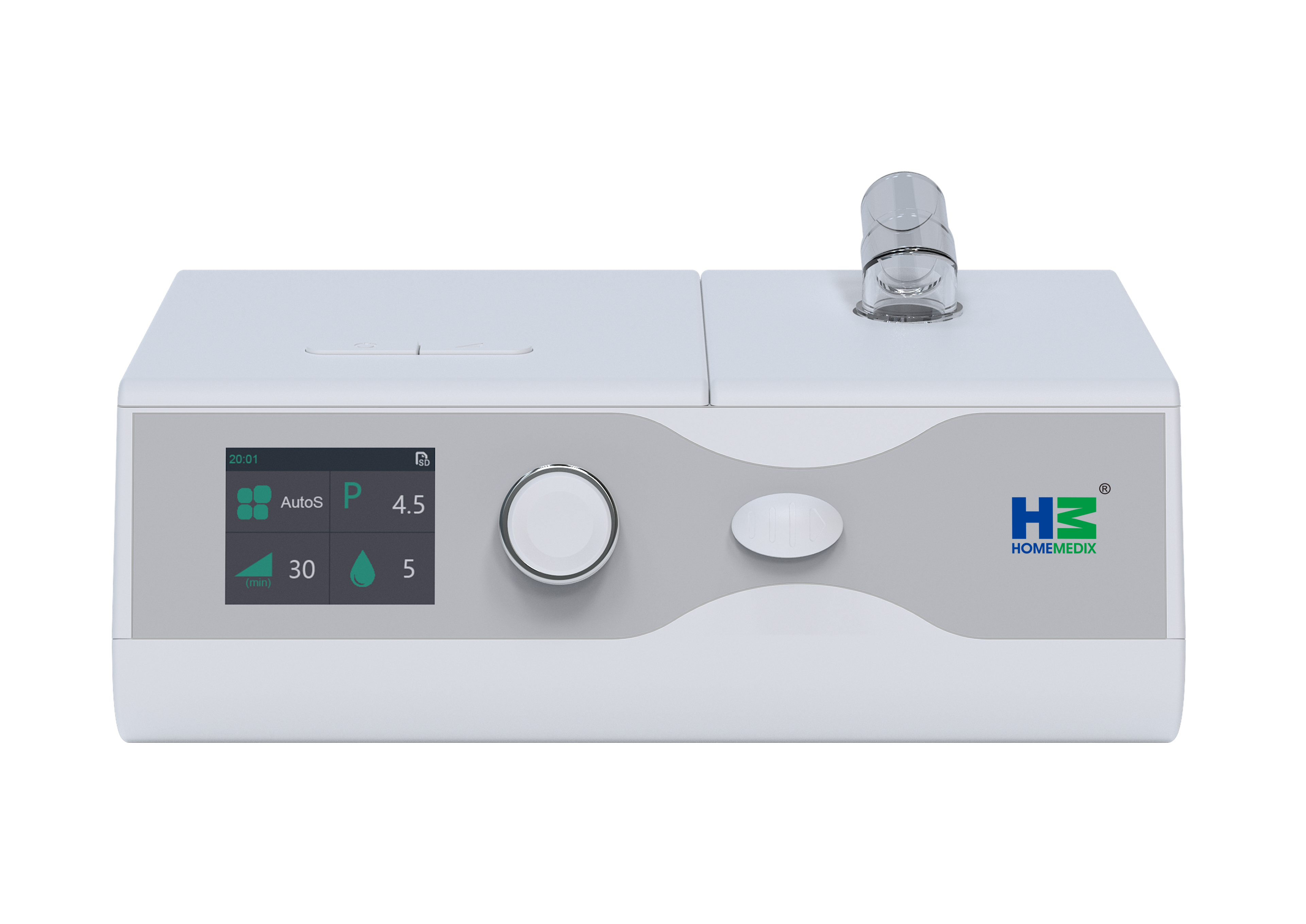 Home Medix HM-BV-30 BiPAP machine — compact white chassis with integrated heated humidifier and control display
