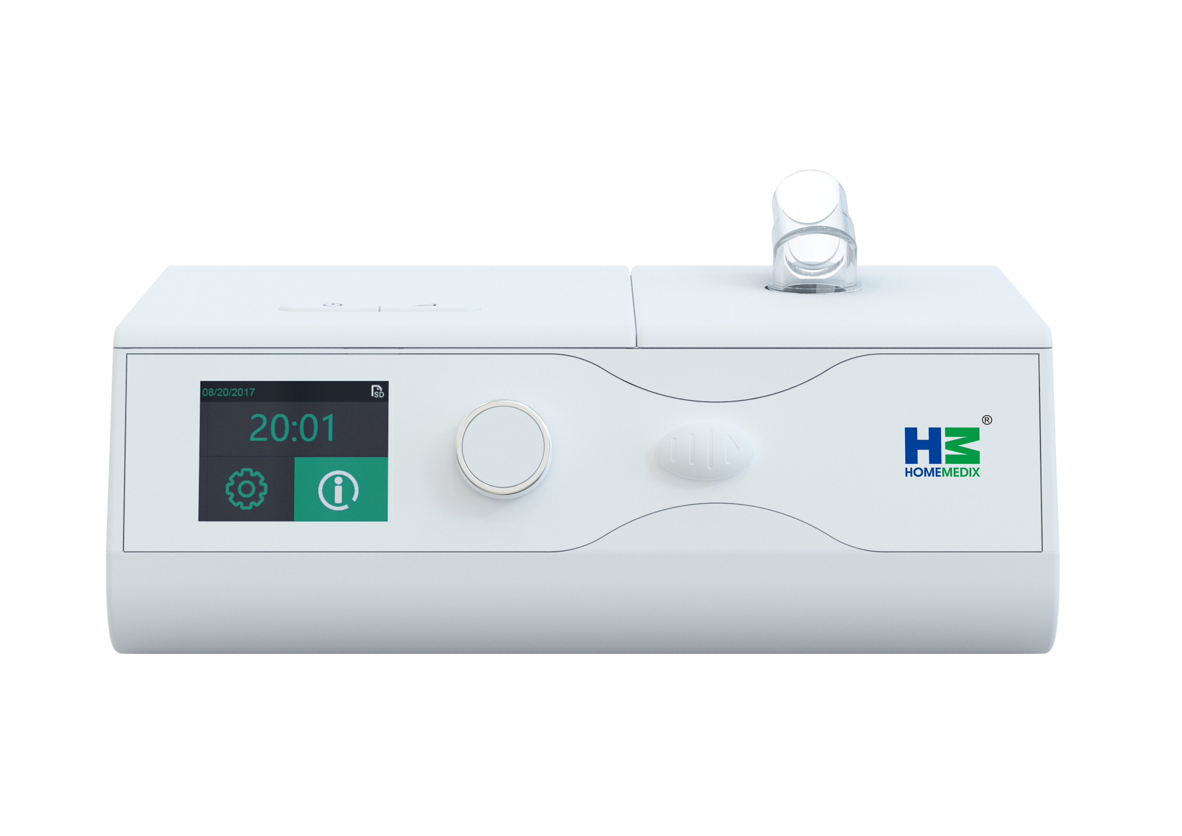 Home Medix HM-CV-20 auto CPAP machine — compact white chassis with integrated heated humidifier