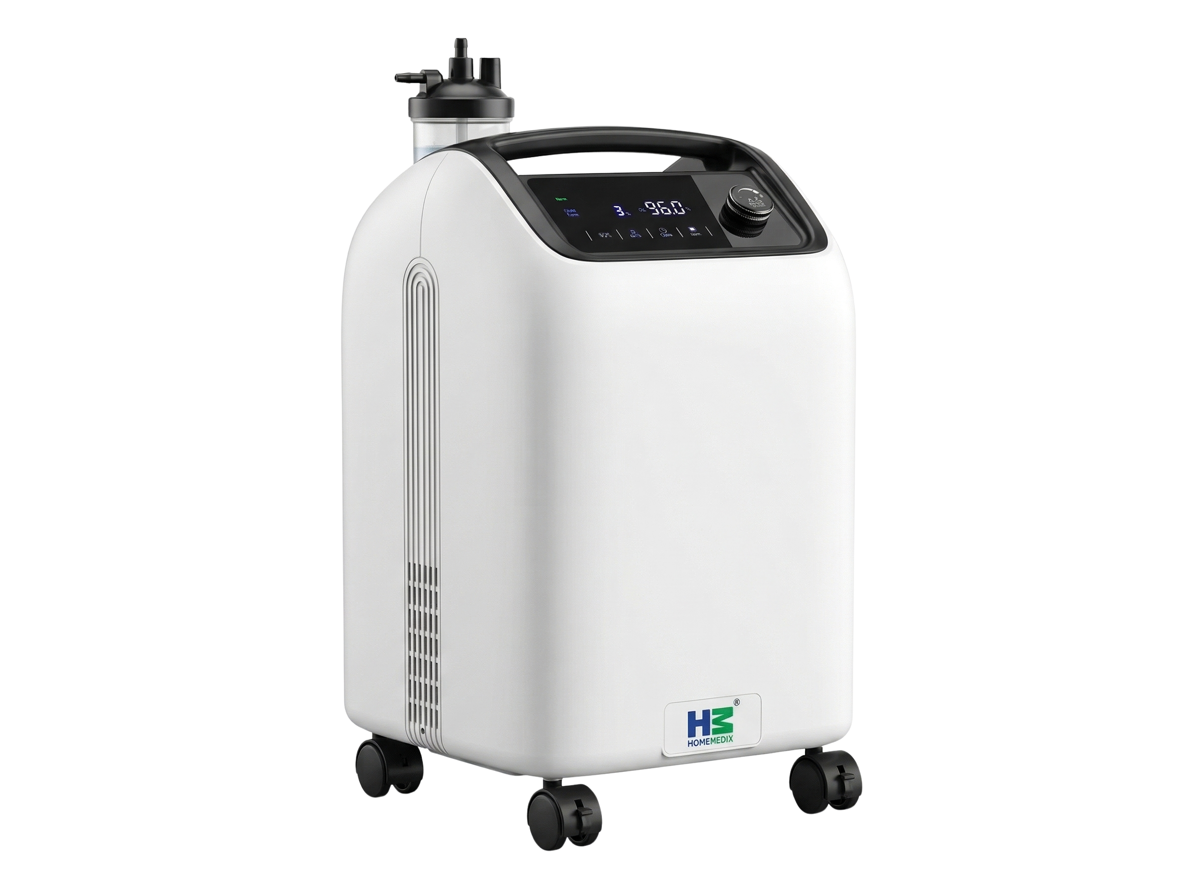 Home Medix HM-KV 5 LPM oxygen concentrator — white chassis with humidifier bottle, HM logo visible