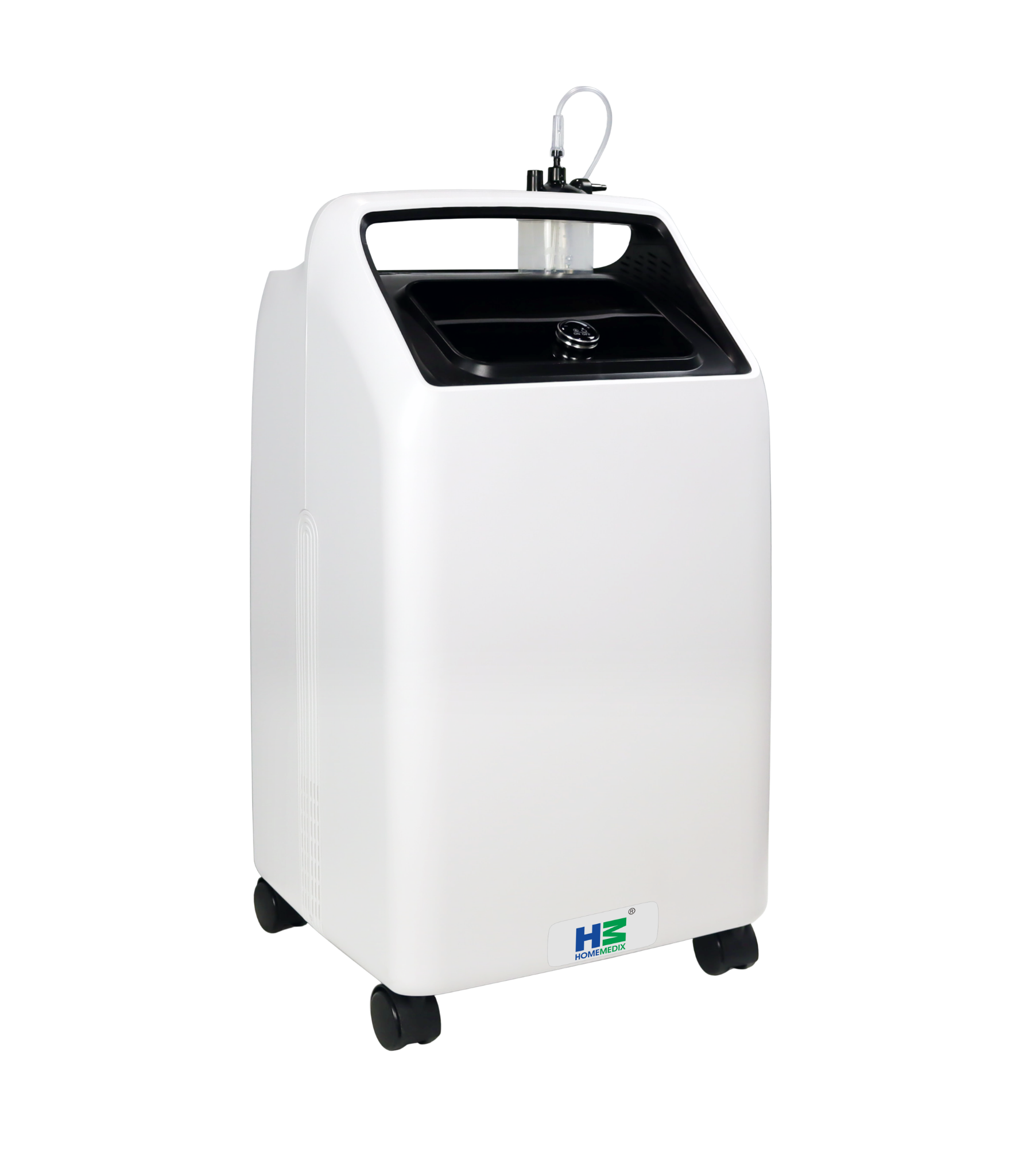 Home Medix HM-KX 10 LPM oxygen concentrator — white floor-standing chassis with castors and HM logo
